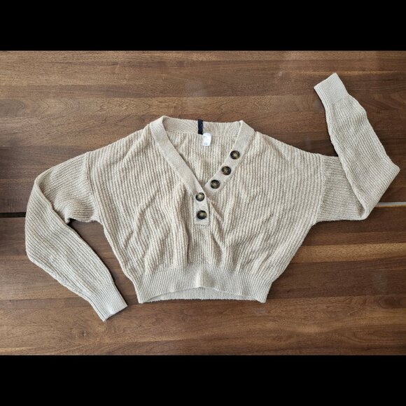 Elegant Beige V-Neck Sweater with Button Detail - Picture 1 of 4